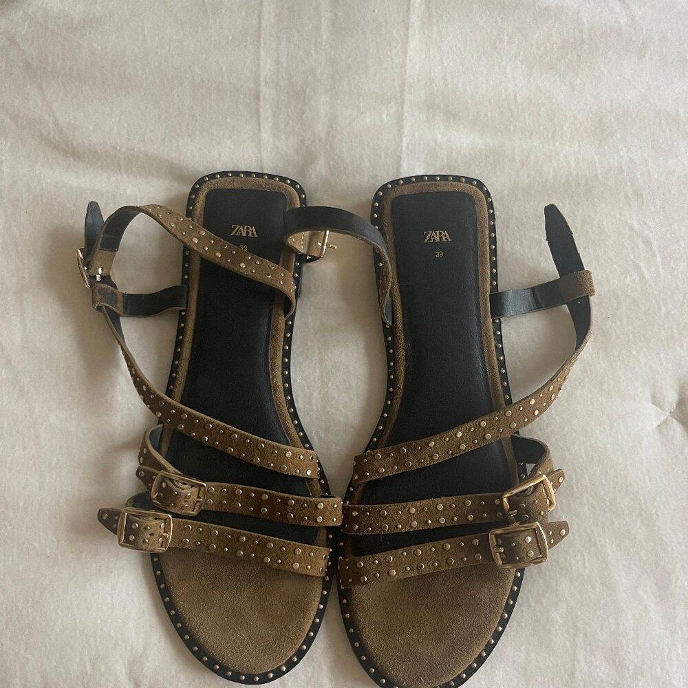 Zara Brown Suede Studded Sandals-size 8.5